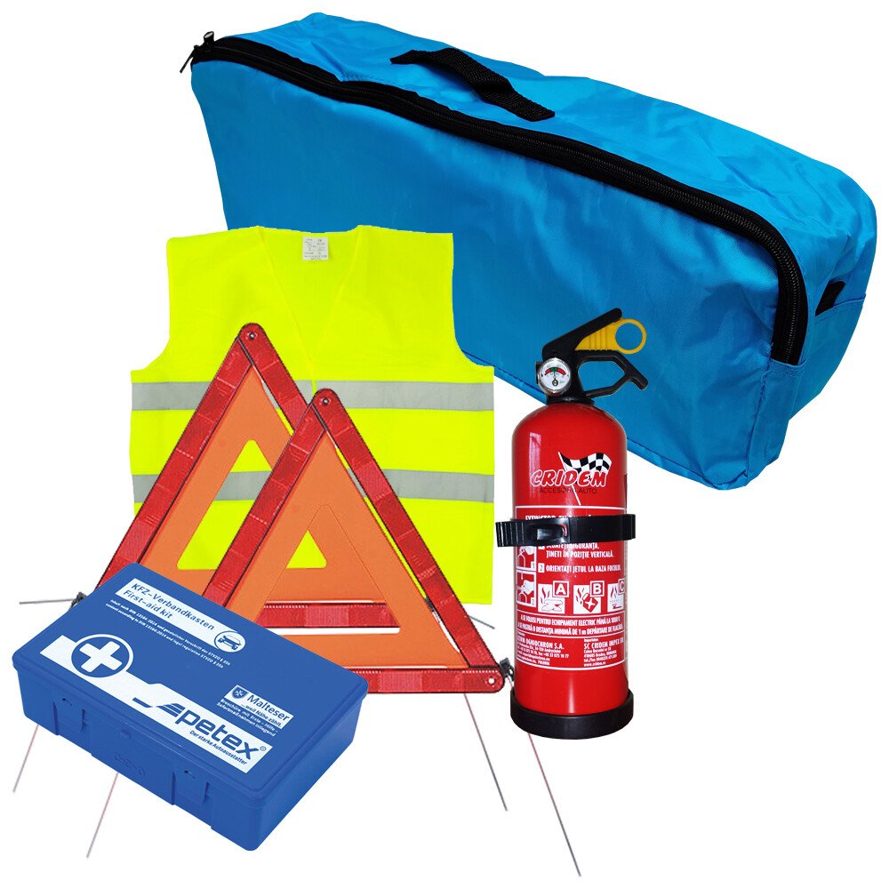 Set pachet prim ajutor auto, trusa sanitara PET val 06.2028, stingator 1kg, triunghi 2buc, vesta reflectorizanta, geanta organizatoare
