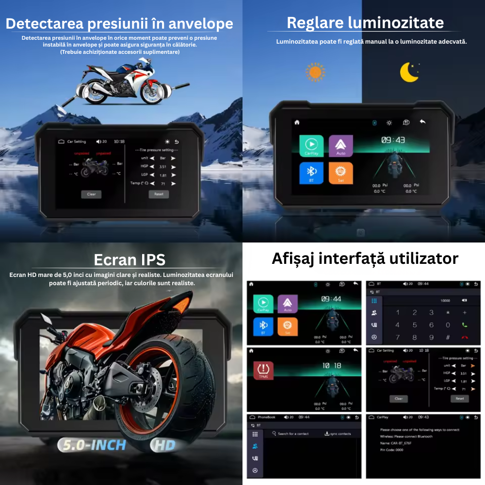 Ecran IPS portabil pentru motocicletă..