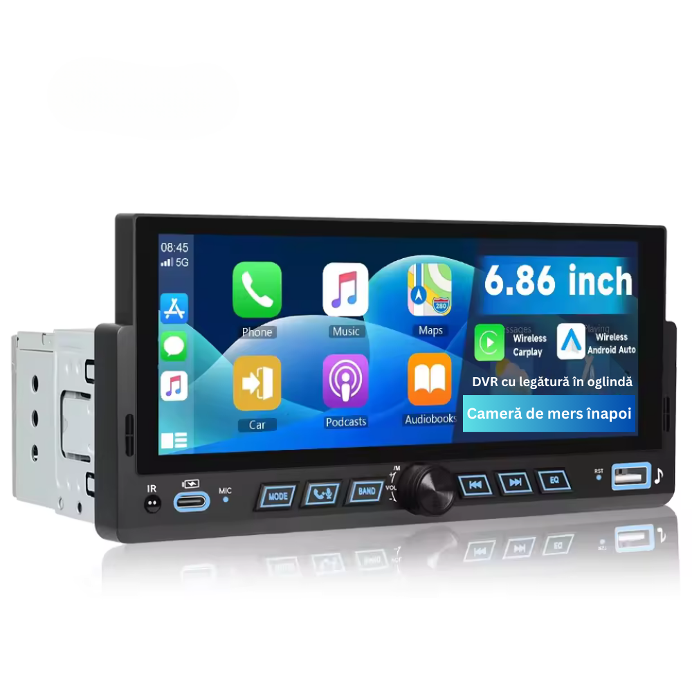 Navigatie MP5, Display 6.86″ 1-DIN, Carplay si Android Auto Wireless, EQ, Bluetooth, FM, USB