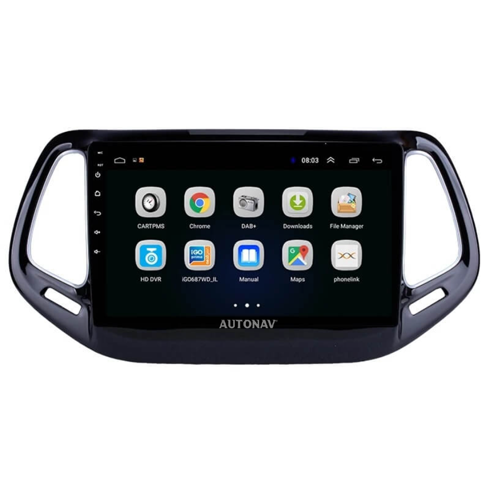 Navigatie AUTONAV Android GPS Dedicata Jeep Compass 2016-2021, Model Classic, Memorie 64GB Stocare, 4GB DDR3 RAM, Display 10″ Full-Touch, WiFi, 2 x USB, Bluetooth, 4G, Octa-Core 8 * 2.0GHz, 4 * 50W Audio