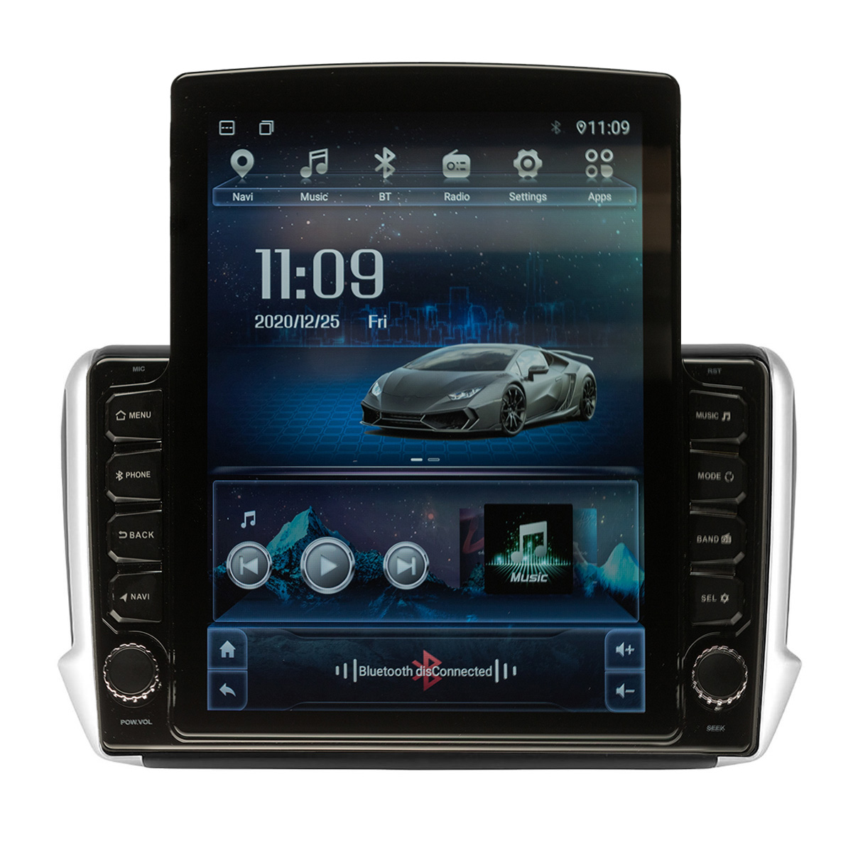 Navigatie AUTONAV ECO Android GPS Dedicata Peugeot 208 2012-2018, Model XPERT Memorie 16GB Stocare, 1GB DDR3 RAM, Display Vertical Stil Tesla 10″ Full-Touch, WiFi, 2 x USB, Bluetooth, Quad-Core 4 * 1.3GHz, 4 * 50W Audio