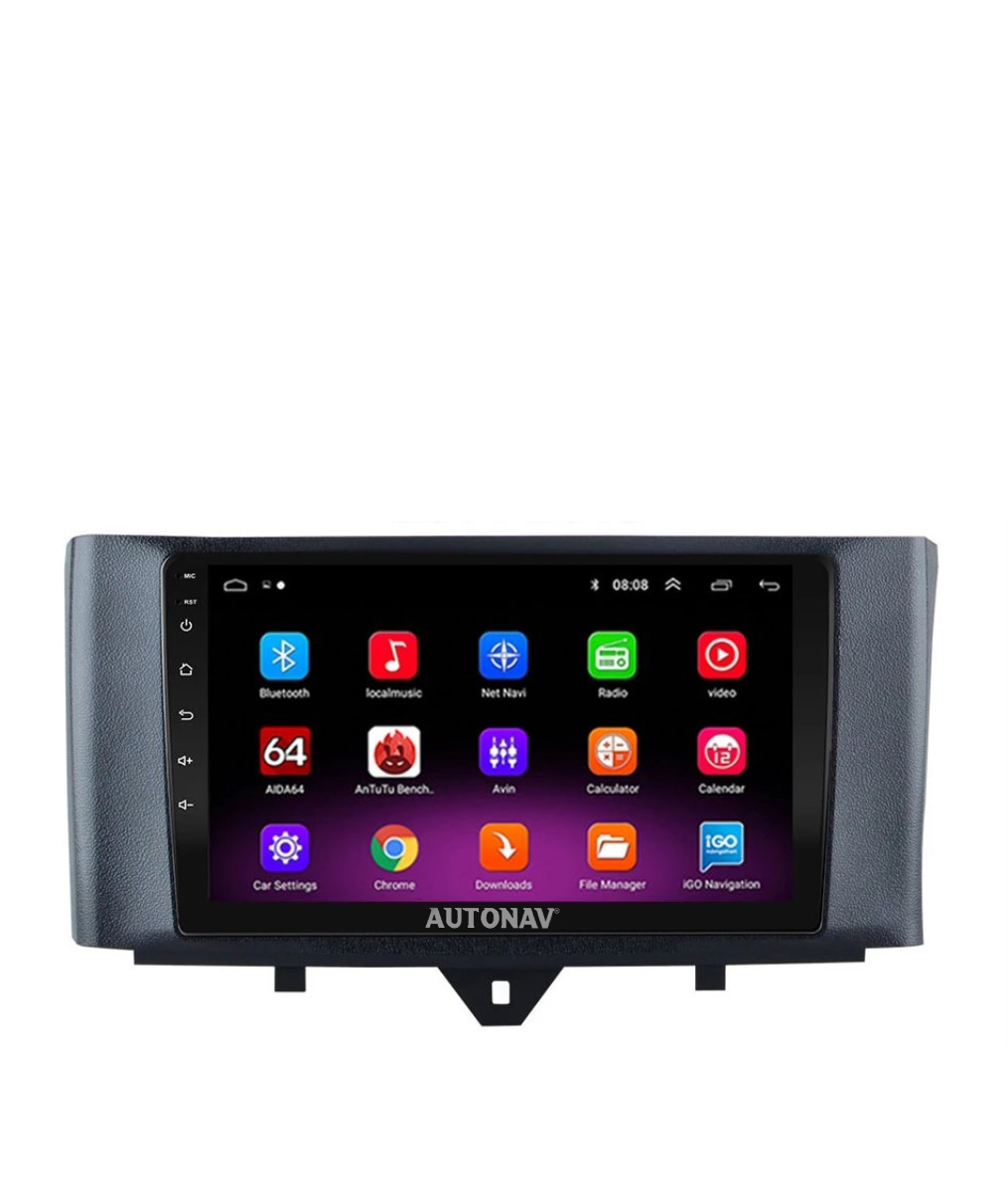 Navigatie AUTONAV Android GPS Dedicata Smart Fortwo 2007-2014, Model Classic, Memorie 256GB Stocare, 12GB DDR3 RAM, Display 9″ Full-Touch, WiFi, 2 x USB, Bluetooth, 4G, Octa-Core 8 * 2.0GHz, 4 * 50W Audio